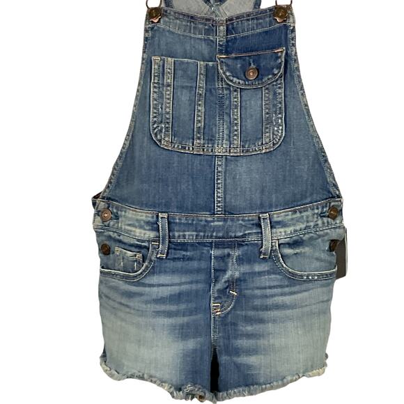 Abercrombie & Fitch Overalls Shorts ShortAlls Raw Hem Y2K Classic Blue Wash sz S - Picture 13 of 16